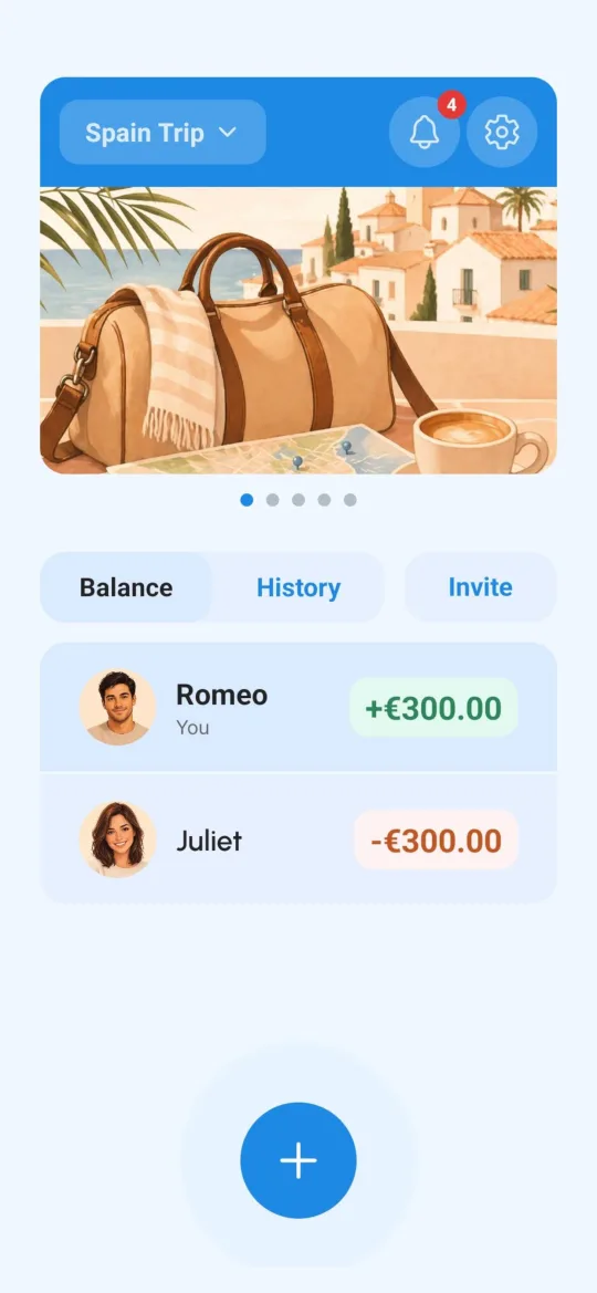 HalfHalf overview screen with live synced balances for a shared group.